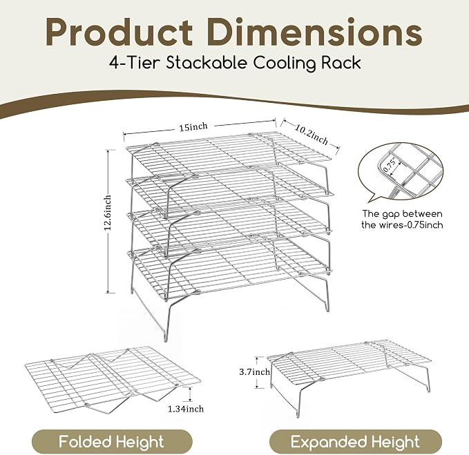 Herogo 15" x 10" Cooling Rack, 4-Tier Stainless Steel Baking Rack for Cookies, Cupcakes, and Pastries, Collapsible Space-Saving Design, Dishwasher Safe, Ideal for Baking, Roasting, and Drying