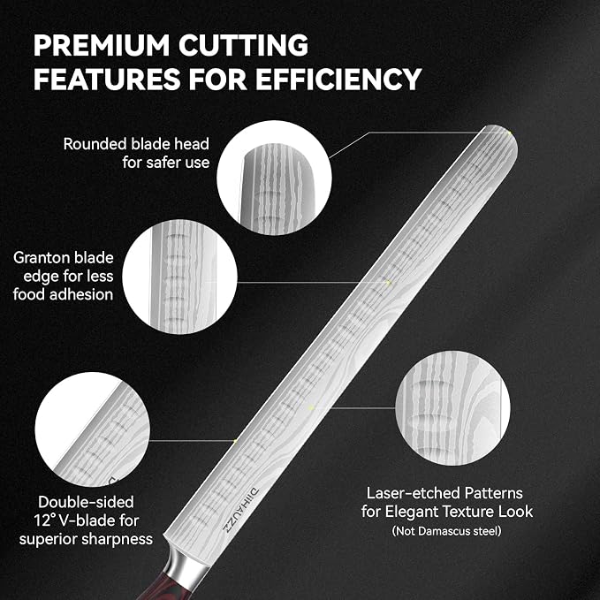 DiiHAUZZ Brisket Slicing Knife, 12 Inch Carving Knife for Meat Cutting | High Carbon Stainless Steel, Non-Stick Granton Edge, Ergonomic Pakkawood Handle, Razor Sharp for Turkey, Roasts and BBQ