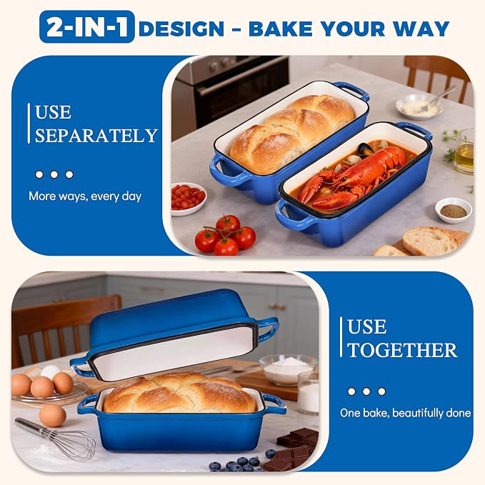 11x5 Inch Cast Iron Loaf Pan with Lid, Sourdough Bread Baking | Large Loaf Pans for Baking Bread, Even Heat Distribution Loaf Dutch Oven for Homemade Bread, Meatloaf (5.8Qt, Marseille)