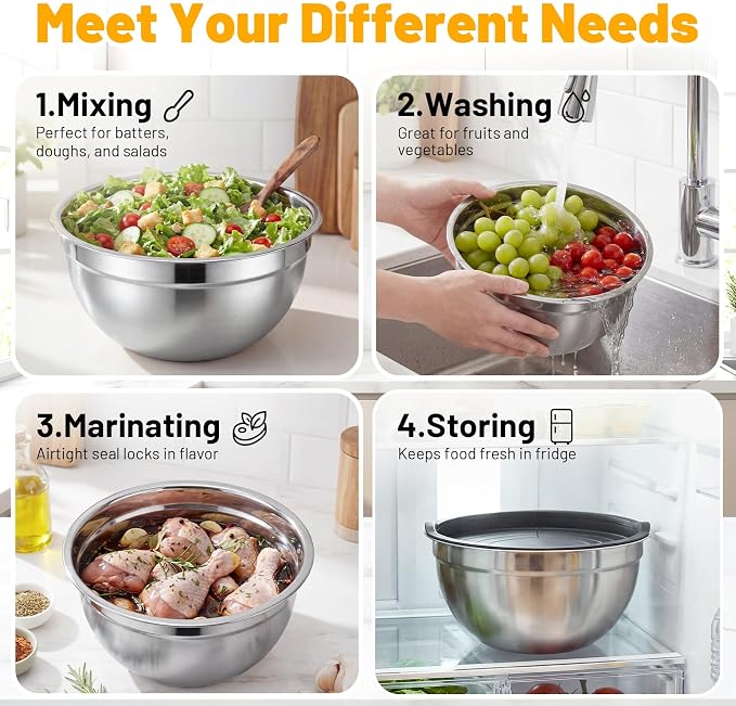 Beasea Mixing Bowls with Lids Set of 3, 2.5 QT Stainless Steel Nesting Mixing Bowls with Lids, Kitchen Metal Nesting Bowl with Lid for Baking, Food Prepping, Serving