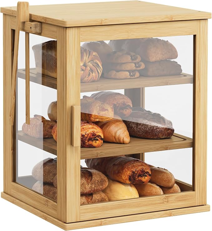 WOWLIVE Bread Box for Kitchen Countertop, 3 Layers Bread Storage Container | Large Bamboo Bread Bin for Homemade Bread with Window, Farmhouse Breadbox Organizer for Cabinet, Natural, Extra Large
