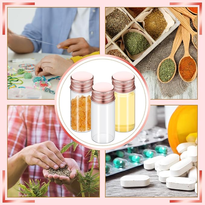 Didaey 100 Pcs Small Clear Vials Spice Mini Jars with Lids Mini Glass Bottles with Screw Aluminum Metal Caps Tiny Jars Sample Containers for Powder Cream Cosmetic Jewelry Wedding (10 ml,Rose Gold)