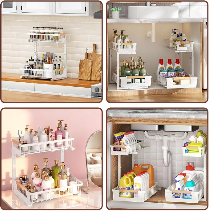 Under Sink Organizer, 2 Tier Pull Out Cabinet Organizer with 5 Adjustable Heights, Metal Under Sink Storage with Sliding Drawers for Kitchen, Bathroom, Pantry and Laundry Room, 4-Pack White