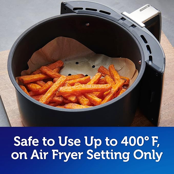 Reynolds Kitchens Air Fryer Liners Disposable, Unbleached Parchment Paper Sheets, 50 Count | Pre-Cut Disposable Parchment Paper Sheets, Fits Round and Square Air Fryers, Safe Up To 400F, Perforated For Better Airflow