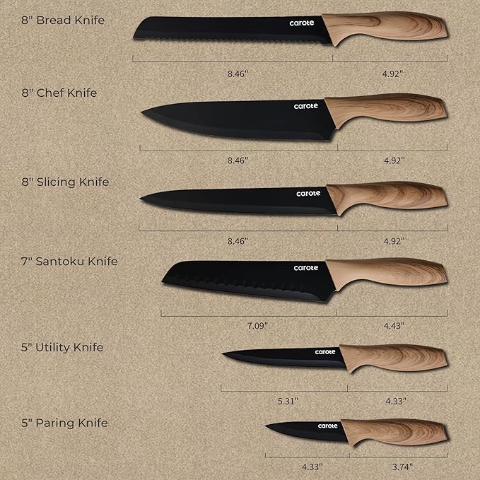 CAROTE 12-Piece Knife Set, Knives with Wood-Grain Finish Handles, Black | 6 Blade Guards, Stainless Steel Blade, Ceramic Nonstick Coating, Long-Lasting Sharpness, Rust-Resistant, Kitchen, Camping, RV