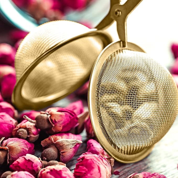 HIC Kitchen Gold Mesh Snap Tea Ball Infuser, Gold-Toned Titanium-Coated Stainless Steel, For Loose Tea or Mulling Spices