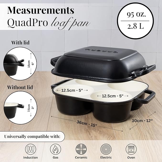 QuadPro Enamelled Cast Iron Bread Loaf Pot – Dutch Oven for Sourdough Bread Baking – 500°F Oven Safe Non Stick Bread Pot – 4 Round Loaf Spaces (4.90-inch Diameter), Black – by Nuovva