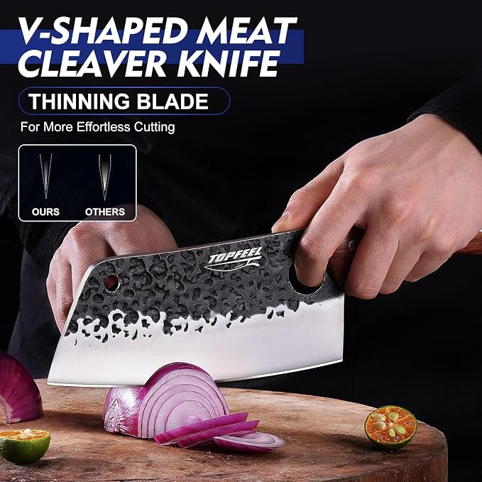 Topfeel 4PCS Butcher Knife Set with Bone Chopper and Meat Cleaver | Bone chopper, meat cleaver, Viking knife and slicer with hand-forged blades, full-tang red sandalwood handles and gift box