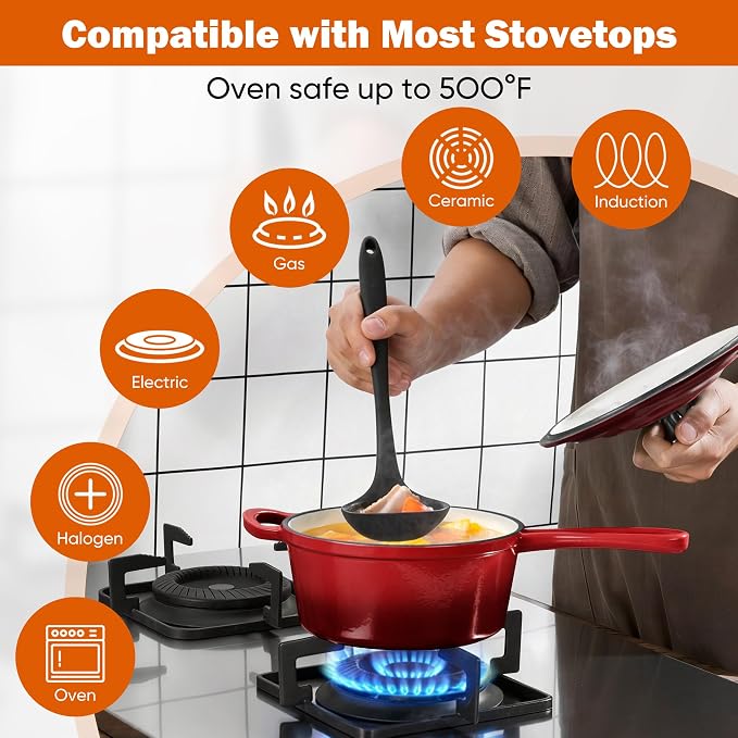 Homikit 3 Quart Saucepan with Lid, Enameled Cast Iron Sauce Pan, Enamel Cast Iron Cooking Pot Mini Dutch Oven Kitchen Cookware for Making Pasta, Boiling Soup, Warming Milk, Red