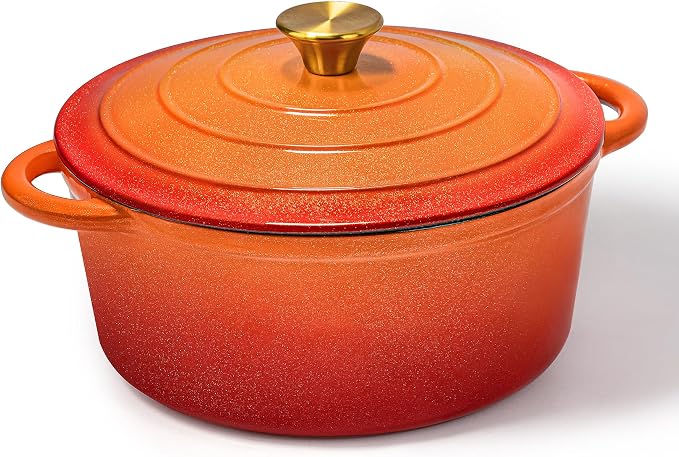 5 QT Enameled Cast Iron Dutch Oven Pot with Lid & Gold Powder | Dutch Oven for Sourdough Bread Baking, Braising, Stews, Roasting, Oven Safe up to 500° F, Orange Kitchen Cookware with Handls