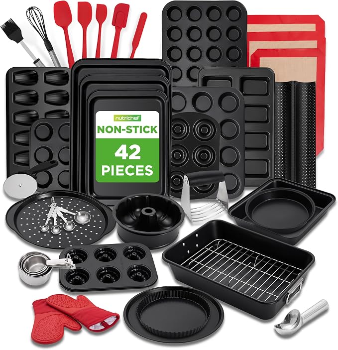 NutriChef 42-Piece Nonstick Bakeware Set | Carbon Steel Baking Pans Set with Oven Mitts, Muffin Trays, Cookie Sheets, Loaf Pan, & Accessories for Cakes, Pizza & Bread.