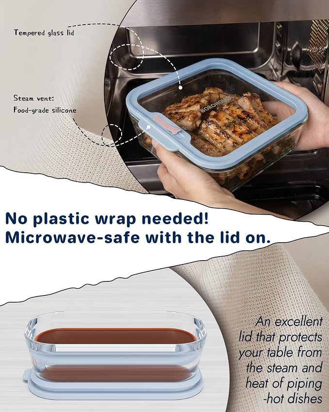 4-Pack Glass Food Storage Containers with Tempered Lids – Borosilicate, Airtight, Oven-Safe (-4°F~950°F), BPA-Free, 1Cup*2 & 2.3Cup*1 & 5.7Cup*1(Light blue)