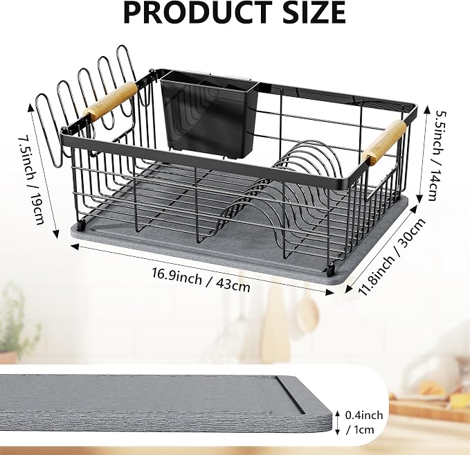 Dish Drying Rack Black with Diatomaceous Earth No Installation Required | Space Saving with Cutlery Cups Holder