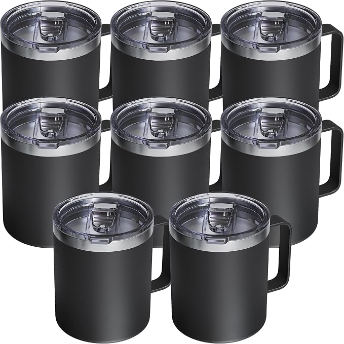 8 Pack 12oz Insulated Coffee Mug with Lid – Double Wall Stainless Steel Travel Cups with Handle, Keep Hot & Cold Drinks, Ideal Gift for Coffee Lovers, Home, Office & Camping, Black