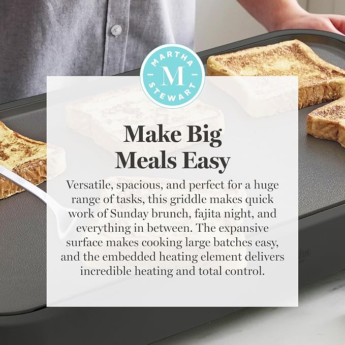 Martha Stewart 12"x 22" XL Electric Griddle, Ceramic Nonstick Flat Top | PFAS-Free Nonstick Grill, XL Cooking Surface for Pancakes & Eggs, Adjustable Temp Dial, Drip Tray, 1500W Heating, Caviar Gray