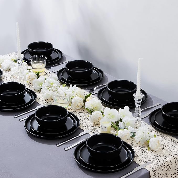 LIANYU 16 Piece Dinnerware Sets with Double Bowls for 4, Black Onyx | Modern Ceramic Plates and Bowls Set , Kitchen Round Dinning Ware Dishware Set, Microwave and Dishwasher Safe