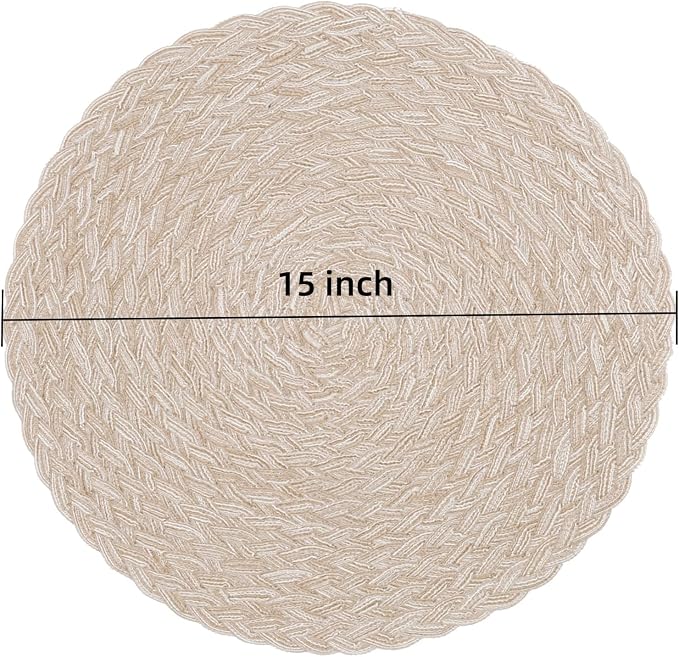 SHACOS Round Braided Placemats 15 inch Set of 6 Thick Boho Kitchen Table Placemats for Home Wedding Party (T-Beige, 6)