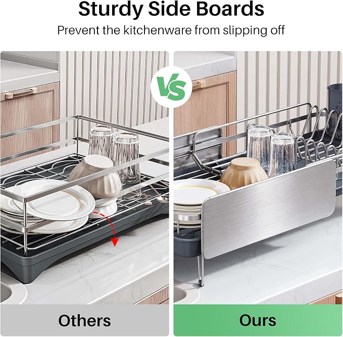 Stainless Steel Dish Drying Rack for Kitchen Counter, Expandable, Silver | Stainless Steel Dish Drainer, Adjustable Length 18.9''-29.3'', Automatic Drainage, 360° Spout, Cutlery Holder with Knife Slot