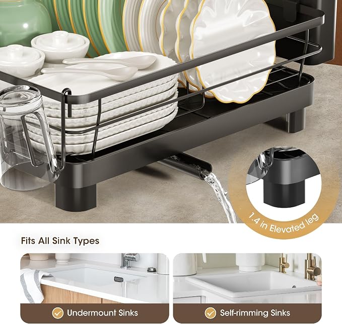 Runnatal Dish Drying Rack with Drainboard for Kitchen Counter and Sink | Large Dish Rack Rustproof Dish Drainer with Detachable 2-in-1 Utensil Holder, Extra Cup Holder, Black