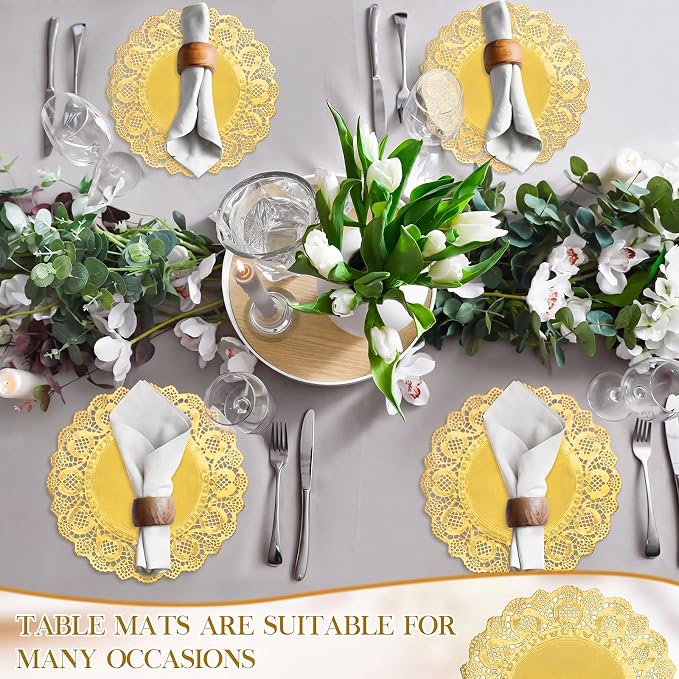 Gueevin 200 Pcs Gold Paper Placemats Disposable Lace Round Paper Placemats Decorative Disposable Placemat Doilies for Dining Wedding Table Decoration Festive Party Birthday Holiday (Gold,12 Inch)