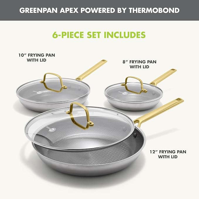 GreenPan Hybrid 6 Piece (8",10" & 12") Stainless Steel Skillets with Lids | APEX Tri-Ply Frying Pans, PFAS-Free Nonstick, Induction & All Cooktop Compatible, Dishwasher & Oven Safe up to 850F, Gold