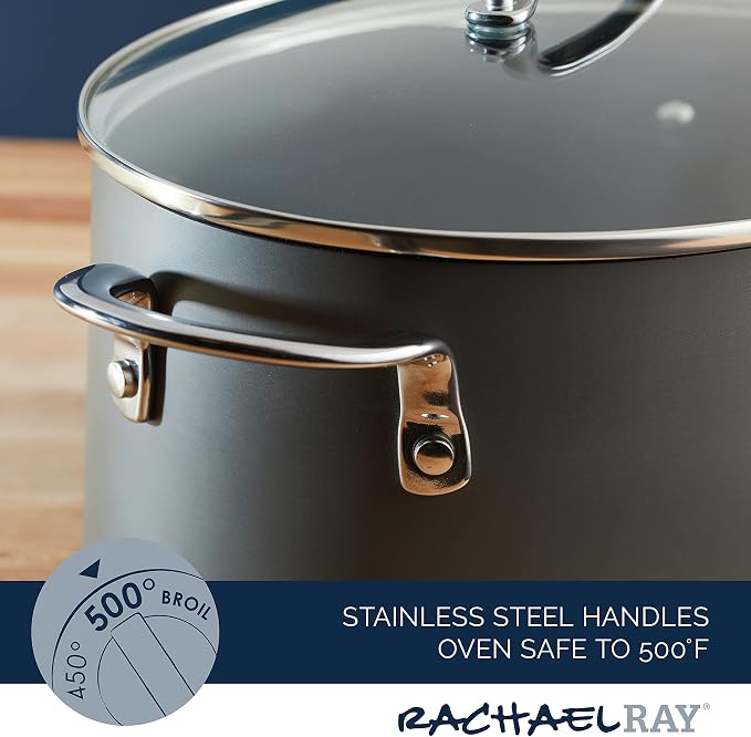 Rachael Ray Cookware, Professional Hard Anodized Nonstick Cookware Oval Pasta Stockpot and Braiser, 8-Quart, Gray