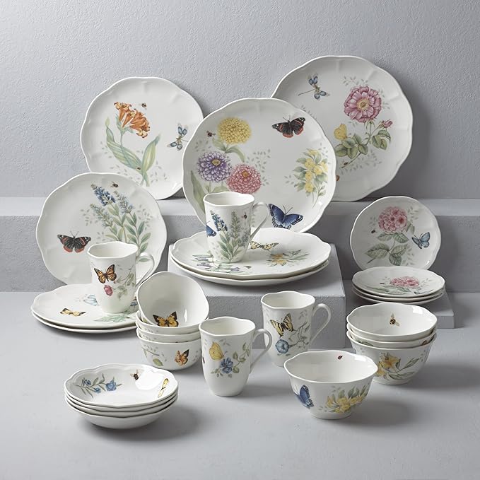Lenox Butterfly Meadow Porcelain 28-Piece Dinnerware Set for 4 | ceramic, dishwasher safe, microwave safe | plates and bowls sets for kitchen and dining | 11 inch plate