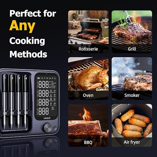 Wireless Meat Thermometer with APP Control，4 Probes Meat Thermometer Digital, Unlimited Range WiFi & Bluetooth Meat Thermometerfor for Rotisserie, Grill, Oven, Smoker, BBQ, Air Fryer