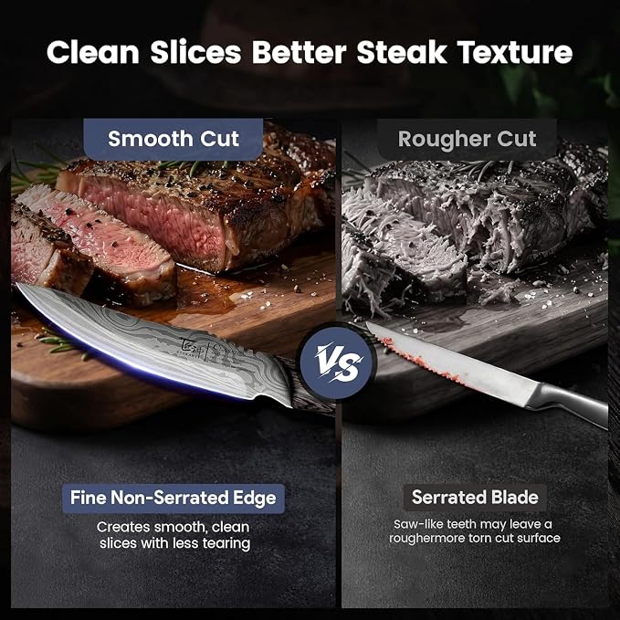2026 Upgrade Steak Knives Set of 6 with Acacia Wood Foldable Block | 4.8 Inch Non Serrated Stainless Steel Dinner Knives, Full Tang Wenge Wood Handle, Damascus Pattern, Sharp Blade, Ideal Gift