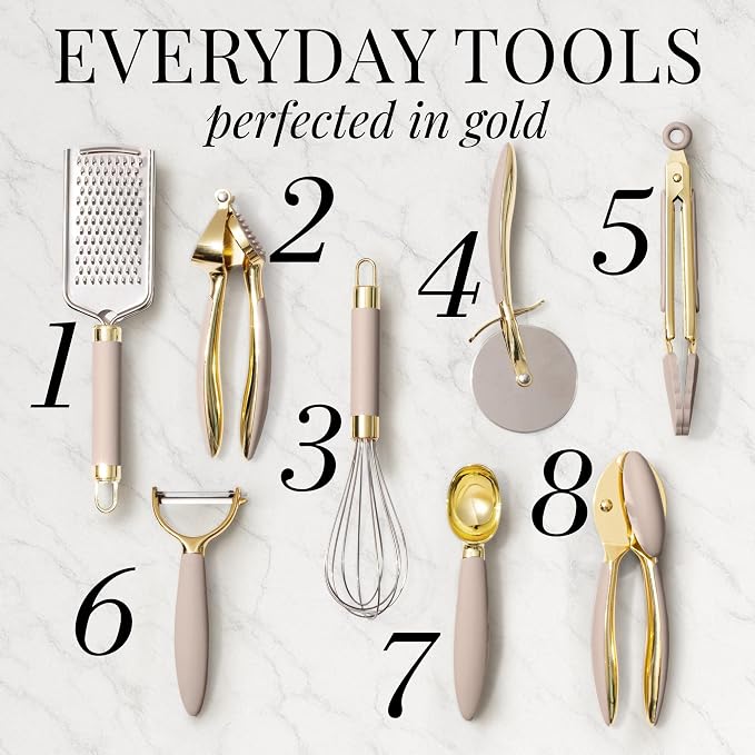 Styled Settings Beige and Gold Kitchen Utensils Set, 8-Piece | Silicone, 8 PC Cooking Gadgets with Mini Gold, Pizza Cutter, Garlic Press, Cheese Grater, Peeler