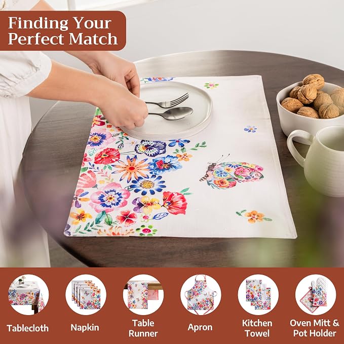 Maison d' Hermine Placemats Set of 4 Reusable 100% Cotton (13"x19") | Cloth Place Mats Washable Table Mats for Kitchen Dining Party Home Restaurant Spring Summer - Happy Florals - High Summer