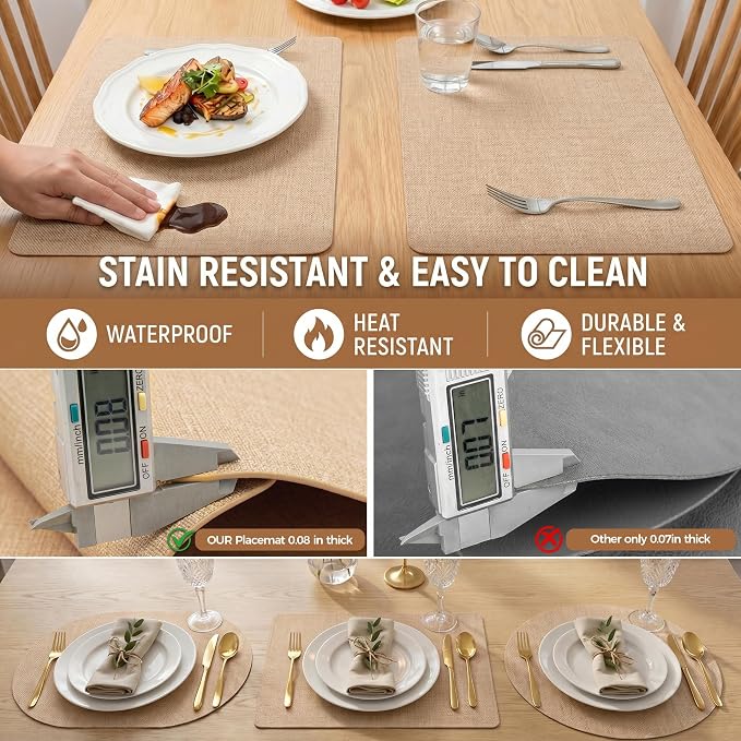 Faux Leather Placemats Set of 6, Wipeable Waterproof Stain Resistant Table Mats, Heat Resistant Thick Placemats with Hand-Painted Edges for Kitchen Dining, Imitative Linen Texture, Various Shapes