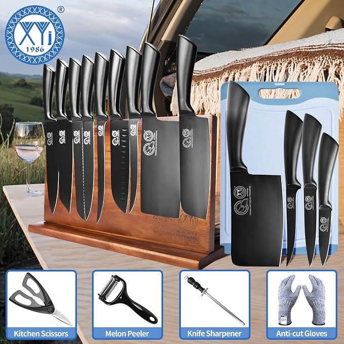 XYJ Professional Knife Sets for Master Chefs, Knife Block Set | Meat Cleaver Butcher for Camping,Chef Knife Set with Magnetic Knife Block,Stainless Steel Kitchen Knives Tools Kit