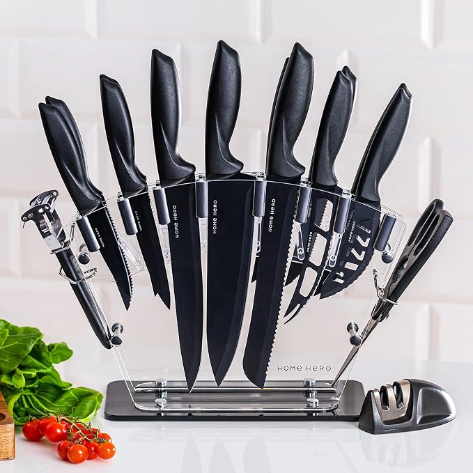Home Hero Kitchen Knife Set - High Carbon Stainless Steel Blades & Built-In Sharpener - Ergonomic Handles & Cutlery Block Storage - Precision Cooking Prep with Chef Knife - 20 Pc, Black | High Carbon Stainless Steel Knife Set with Block - Built-In Shar...