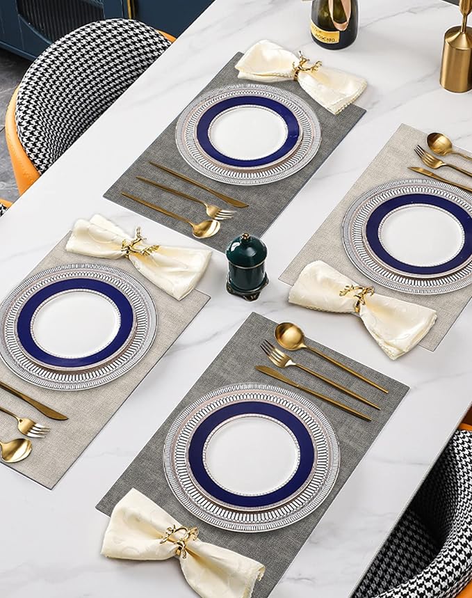 Leather Placemats Table Mats Set of 6, Light Grey & Smoky Grey | Reversible Non-Slip Table Placemats, Heat-Resistant and Waterproof for Dining Kitchen and Holiday Parties