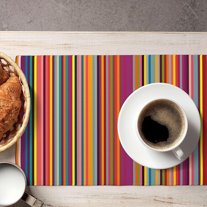 Bright Colorful Striped Placemats Set of 6, 12x18 Inch Rainbow Colored Geometric Pattern Table Mats for Holiday Party Kitchen Dining Room Decoration