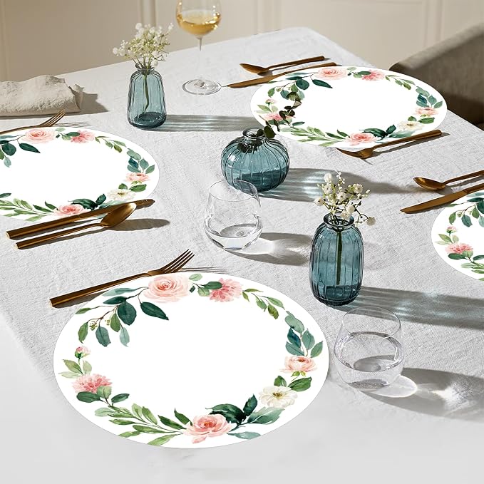 50 Pack Paper Placemats Disposable Pink Floral Wedding Placemats 13.7 Inch Rose Floral Round Place Mats Summer Table Mats for Birthday Wedding Anniversary Bride Party Supplies