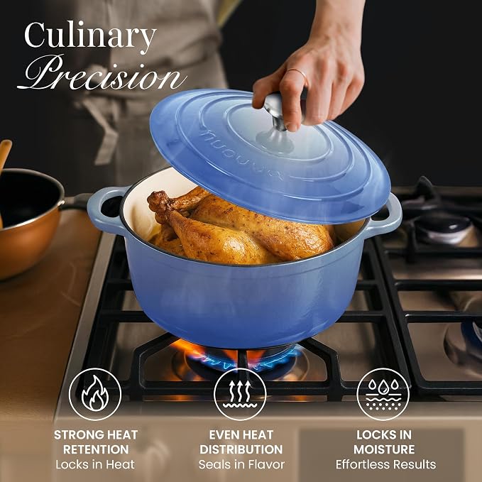 Nuovva Enamelled Cast Iron Dutch Oven Pot with Lid 6.4 Quart Non Stick Casserole Pot-Heavy Duty & Oven Safe up to 500° F for Bread Baking, Braising, Stews, Roasting - 28cm Coastal Blue