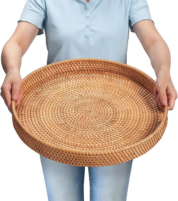 Rattan Large Serving Tray, Wicker Round Fruit/Bread Serving Basket, Extra Large Decorative Ottoman Tray for Living Room, Coffee Table, Breakfast, 16.9 inch