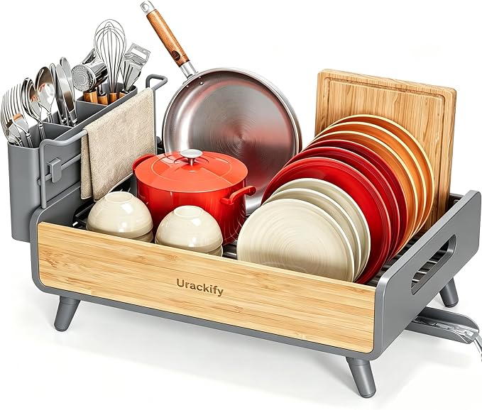 Urackify Modern Dish Rack for Kitchen Counter,Stainless Steel & Bamboo,Grey | Elegant Bamboo Accent, Large Capacity, Self-Draining Spout, Rust-Resistant, Removable Utensil Holder