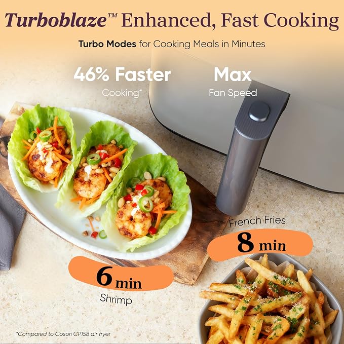 Cosori TurboBlaze 6 Qt Air Fryer, Ceramic Coating, 9-in-1, Light Gray | 90°-450°F, 5 Fan Speeds, Air Fry, Roast, Bake, Broil, Dry, Frozen, Proof, Reheat, Keep Warn, Dishwasher-Safe Basket, 1725W