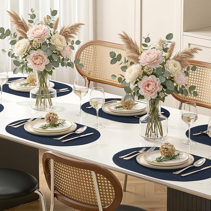 Placemats Set of 4, 11.8 x 17 Inch, Navy | Heat Resistant Oval Faux Leather Place Mats, Waterproof Wipeable Reversible PU Placemat, Indoor & Outdoor