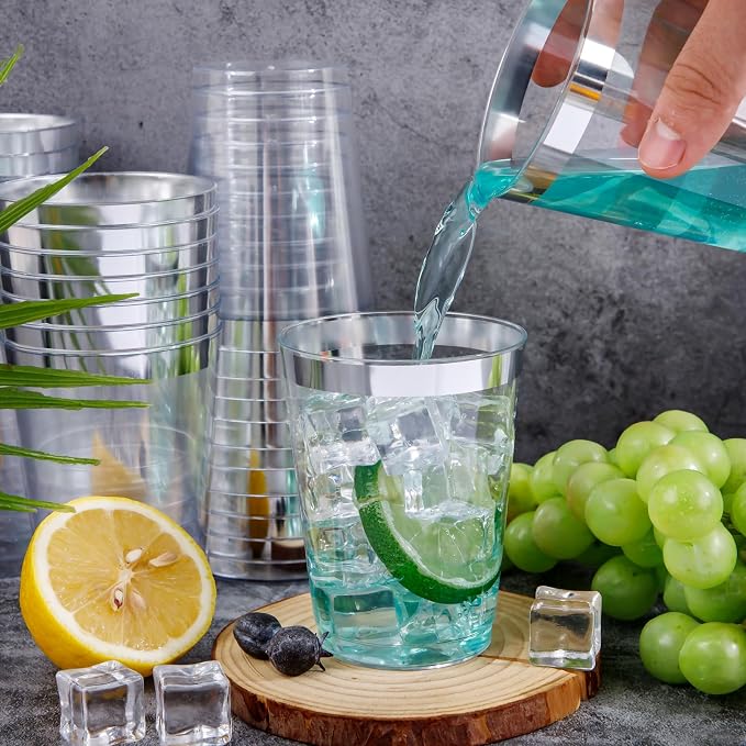 I00000 100PCS Silver Plastic Cups,10 oz Clear Plastic Cups with Silver Trim, Heavy-Duty Disposable Hard Cup For Party, Premium Cup Perfect for Wedding & Party