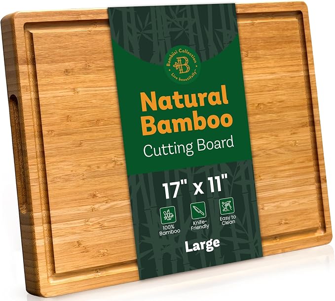 Bamboo Cutting Board for Kitchen - 17" Large Wooden Cutting Board, Heavy Duty Chopping Board with Side Handles, Deep Juice Groove, Reversible Charcuterie & Cheese Board for Meat and Serving