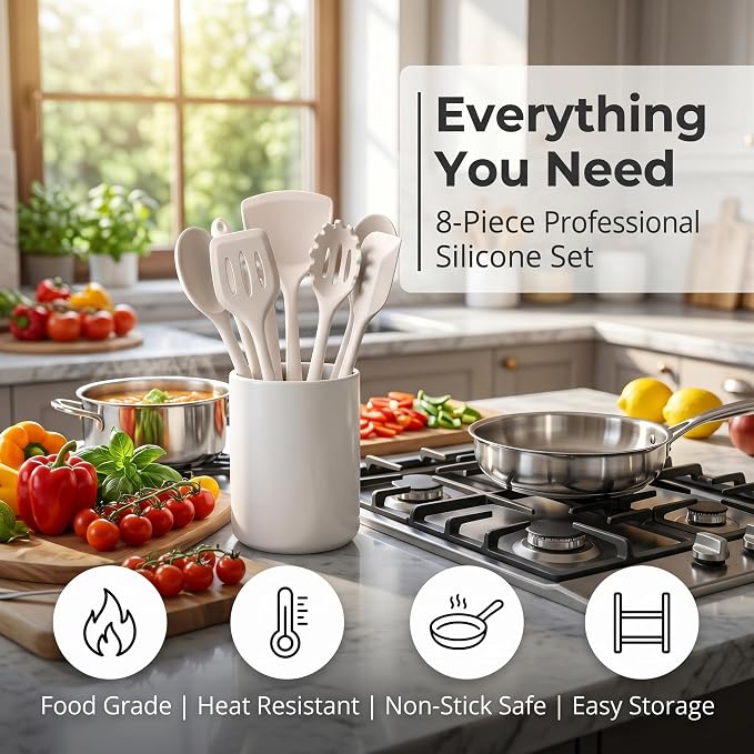 LIANYU Non-Toxic Kitchen Cooking Utensils Set, 8Pcs Khaki Silicone Utensils | Stainless Steel Core, Non-Scratch Spatula Spoon Turner, Heat Resistant & Dishwasher Safe