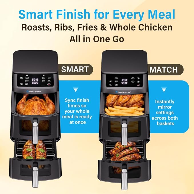 11QT Large Double Air Fryer, family size Dual Basket | Deep Top & Long Bottom for Whole Chicken & Ribs, 430°F High-Heat Broil, 360° Rapid Circulation, 6 in 1 Preset Function