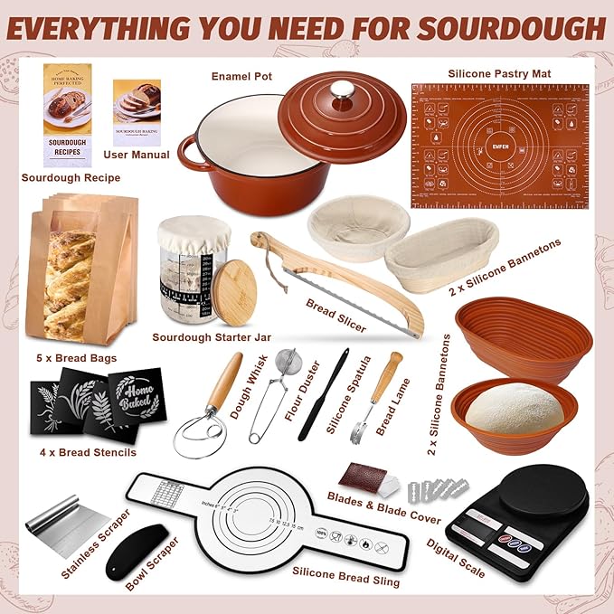 EWFEN Sourdough Starter Kit with Enamel Cast Iron Pot, Complete Sourdough Bread Baking Supplies, Round & Oval Bread Proofing Basket with 34 Oz Starter Jar, Bread Making Tools Kit