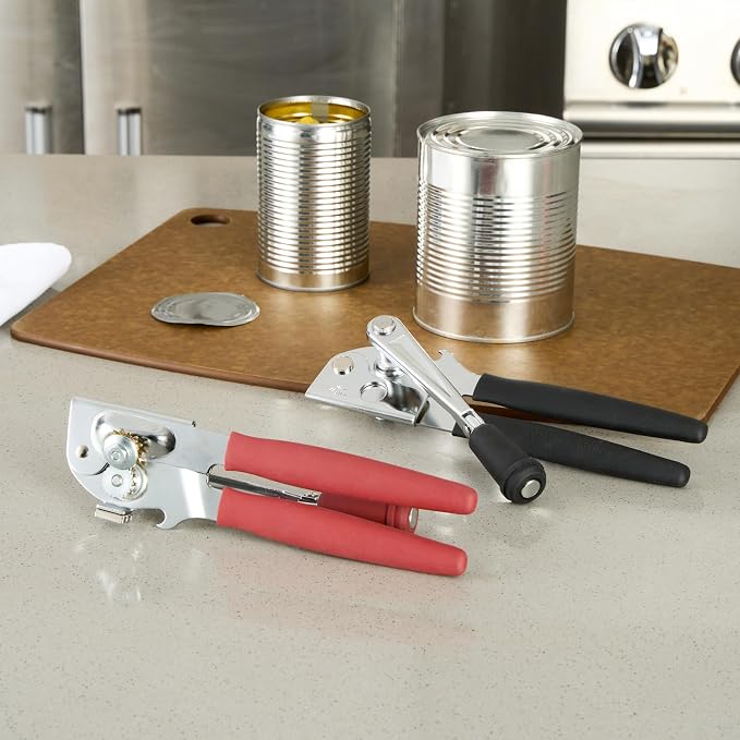 Restaurantware Stainless Steel Magnetic Manual Can Opener - German Standard Red Crank Can Opener with Magnet, Ergonomic Handles, Non-Slip - Heavy-Duty Hand Can Opener, Easy Turn, Sharp Blade