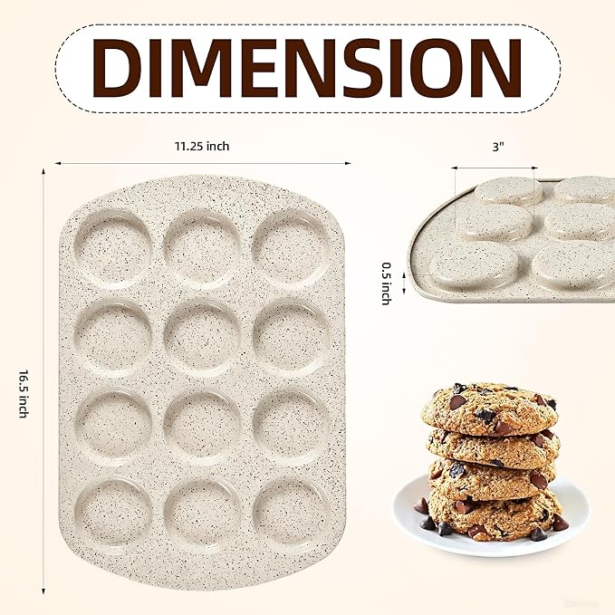 Muffin Top Pan, 12 Cavity Cupcake Pan, 3 Inch Nonstick Bakeware for Eggs, Cornbread, Cookies, Whoopie Pies and Yorkshire Pudding, Set of 2