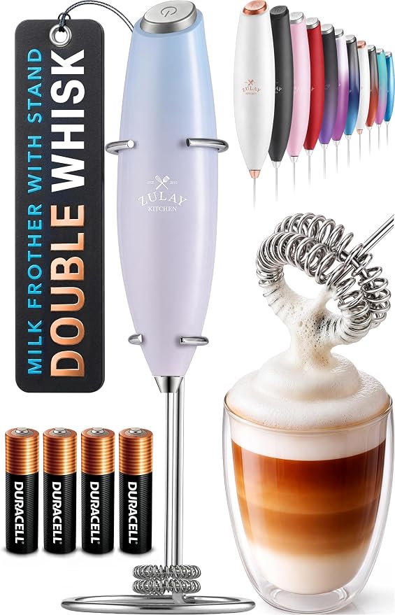Zulay Kitchen Powerful Milk Frother Wand With Duracell Batteries - Ultra Fast Handheld Drink Mixer - Electric Whisk Foam Maker for Coffee, Lattes, Cappuccino & Matcha - Double Whisk - Cloud